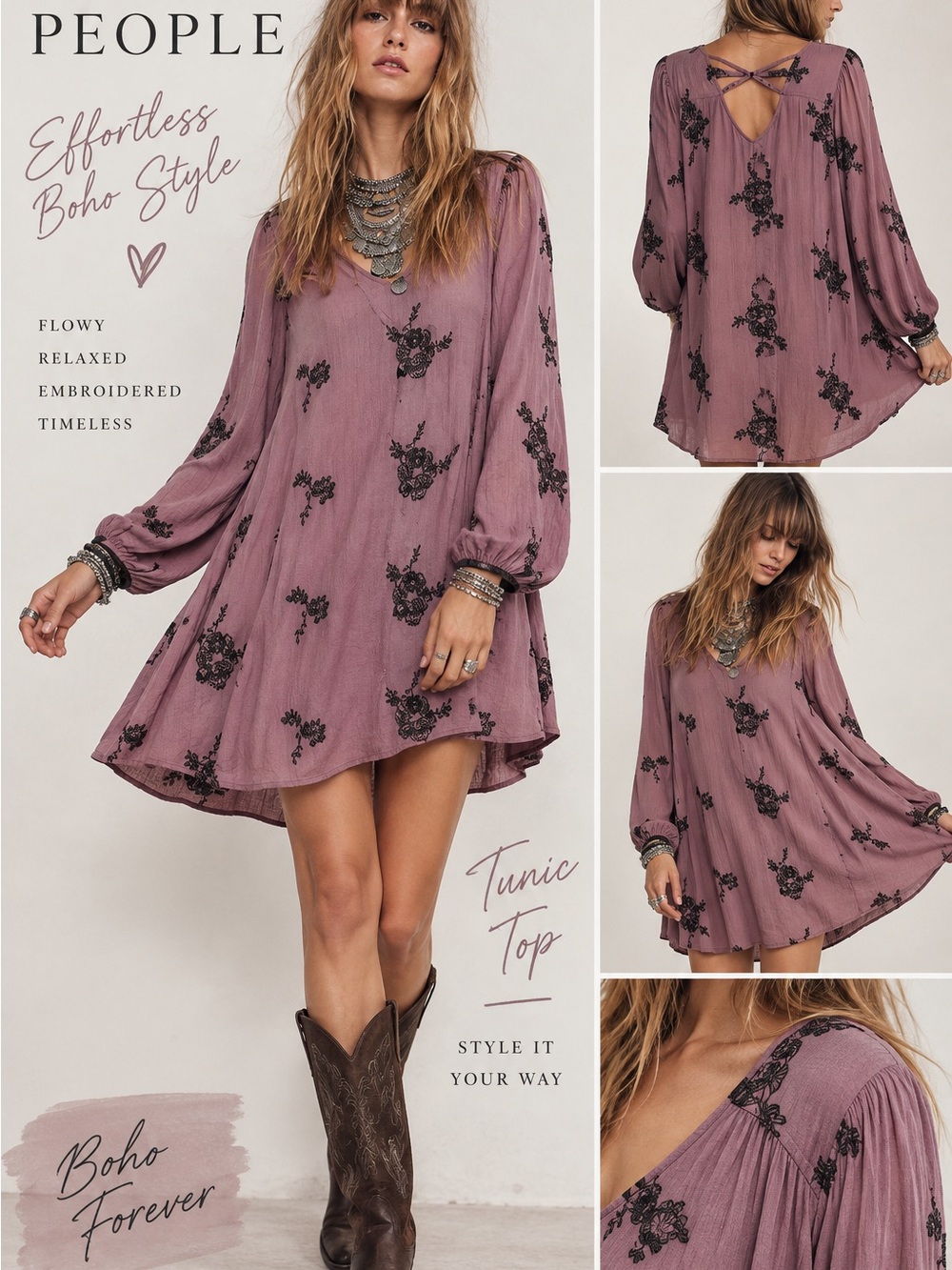 Free People Emma Mauve Floral Embroidered Tunic size medium